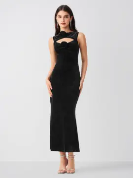 Cider KPOP Solid Ruched U-neckline Ruffle Maxi Dress