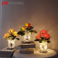 LIZHOUMIL ดอกกุหลาบจำลอง Led ไฟกลางคืนสำหรับการตกแต่งบ้าน,โคมไฟตั้งโต๊ะแบบชาร์จได้หรี่แสงได้ติดขั้นบันได