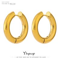 【YP】 Yhpup Jewelry Minimalist Round Hollow Hoop Earrings Gold 18K Plated Metal Temperament