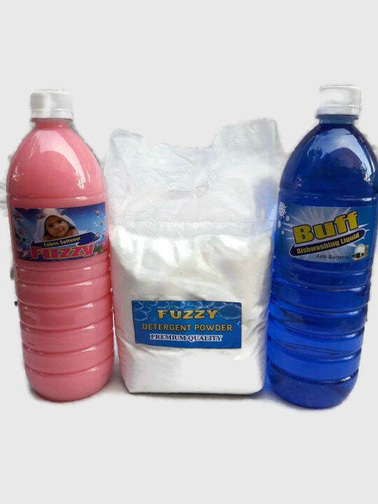 Trio 1 Kilo detergent powder, 1 liter fuzzy fabcon, 1 liter Buff