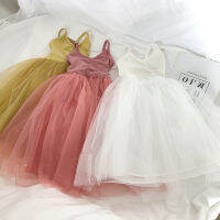 Sweet Girls Summer New Sling Vest Dress for Children Kids Yellow Tulle Princess Knit Cotton Patch Gauze Clothing