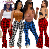 Women Stacked Pants Casual Vintage Plaid Print High Waist Bell Bottom Flare Pleated Sweatpants Famee Outfit Streetwear Trousers