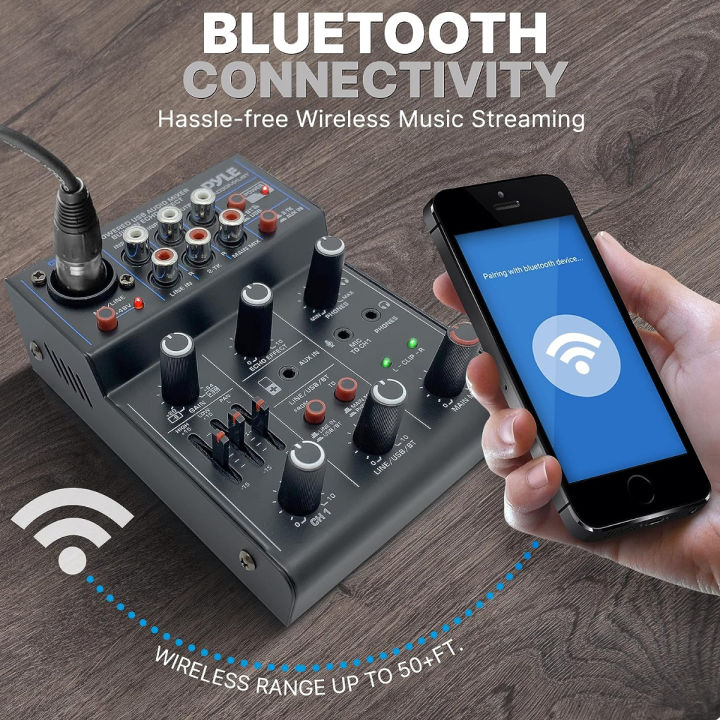 pyle-professional-wireless-dj-audio-mixer-3-channel-bluetooth-dj-controller-sound-mixer-w-usb-audio-interface-combo-jack-xlr-6-35mm-mic-line-guitar-in-3-5mm-rca-aux-headphone-jack-pad33mxubt