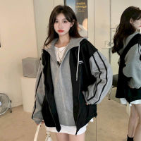 Hooded jacket women autumn and winter 2021 new retro Hong Kong flavor fake two-piece contrast color stitching letter long-sleeve