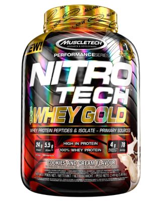 MuscleTech NitroTech Whey Gold, 100% 76 Servings (5.5lbs) Whey Protein Powder, Whey Isolate and Whey Peptides,  สร้างกล้ามเนื้อ เวย์โปรตีน wheyprotein BCAA