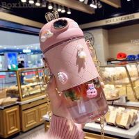 Cute Rabbit Ear Plastic Water Bottles With Straw For Girls Kids Portable Strap Student Bottle With Cup Cover Anti-drop BPA Free