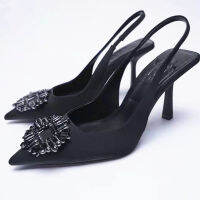 TRAF ผู้หญิงรองเท้าส้นสูงสีดำแฟชั่น Rhinestone ปั๊ม Casual Party Slingbacks Stiletto รองเท้าส้นสูงผู้หญิงงานแต่งงาน Elegant ส้น Sandals