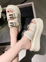 【July】 High-end thick-soled heightened slippers women can outside fashion 2023 summer new style genuine leather sandals non-slip