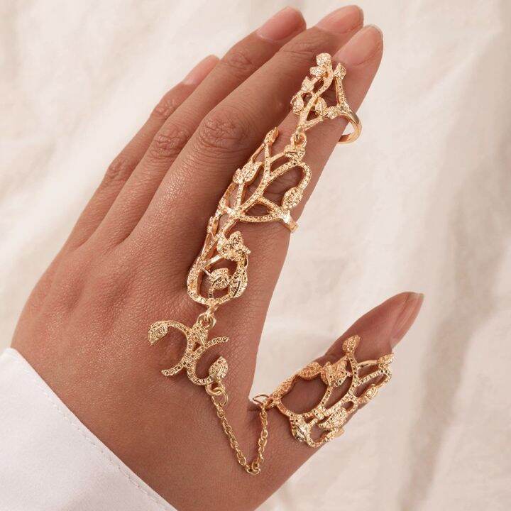 new-hollow-flower-chain-open-finger-rings-for-women-punk-two-link-ring-jewelry-party-gift-adhesives-tape