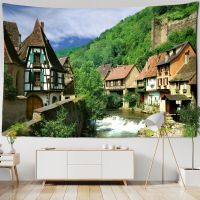 Riverside Building Tapestry Wall Hanging Nature Scenery Simple Bohemian Living Room Bedroom Home Decor