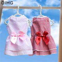 OIMG Summer Plaid Small Dog Princess Dress Pomeranian Chihuahua Bow Decoration Skirt For Dog Clothing Party Wedding Puppy Dress Dresses