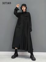 XITAO Dress Fashion Solid Color Asymmetrical Long Sleeve Pleated Shirt Dress