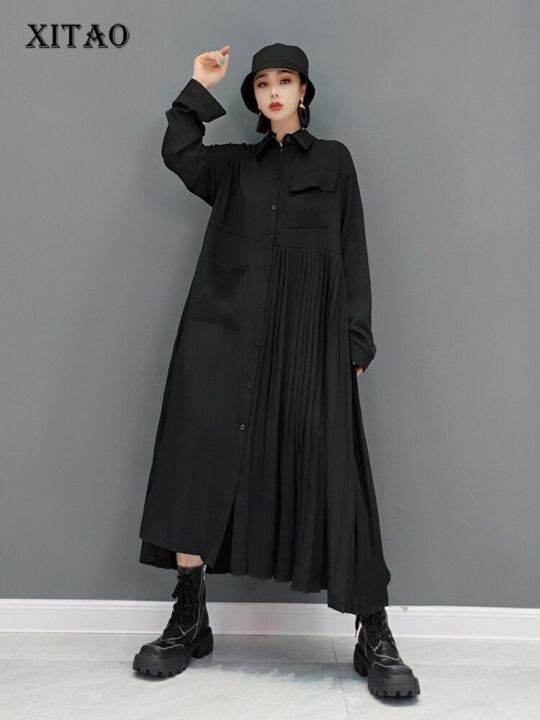 xitao-dress-solid-color-asymmetrical-long-sleeve-pleated-shirt-dress