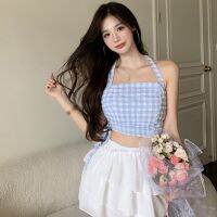 ผู้หญิงลายสก๊อต Halte Lace-Up เสื้อกล้ามเข้ารูปฤดูร้อนเซ็กซี่ Exposure Navel Camisole Tank Tops