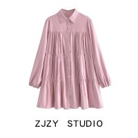 ZARA Zza ชุดผู้หญิงสไตล์ยุโรปและอเมริกัน,เดรสเสื้อขนาดใหญ่มีจีบดีไซน์แบบหลวมและขี้เกียจฝรั่งเศส