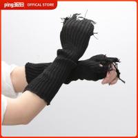 PING3693 ไม่มีนิ้ว ถุงมือถักข้อมือ สีบริสุทธิ์ ที่อุ่นแขน ถุงมือข้อมือยาว พังก์สไตล์ สีดำสีเบจ ถุงมือป้องกันข้อศอก เด็กหญิงเด็กชาย