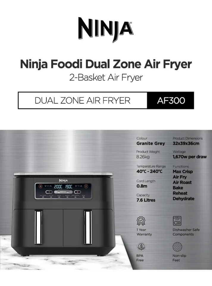 Ninja Foodi Dual Zone Digital Air Fryer, 2 Drawers, 7.6L, 6-in-1, Uses No  Oil, Air Fry, Max Crisp, Roast, Bake, Reheat, Dehydrate, Cooks 4-6  Portions, Non-Stick, Dishwasher Safe Baskets, Black AF300UK 