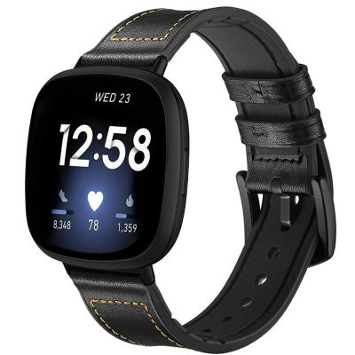 สายรัดสำหรับ Fitbit Versa 3 /Sense สายนาฬิกา,หนังแท้ซิลิโคนไฮบริดผู้ชายสายรัดข้อมือสายรัดด้วยเข็มกลัดสแตนเลสสำหรับ Fitbit Sense Smartwatch