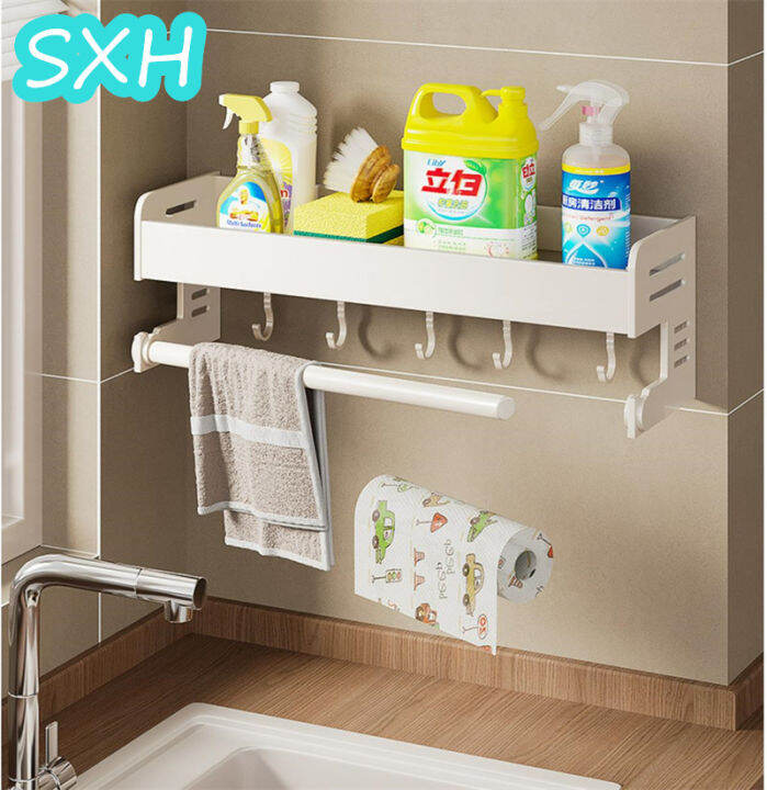 sxh-สีขาวชั้นวางห้องครัวฟรีเจาะติดผนังชั้นวางมีดอุปกรณ์ปรุงรส-daquan-ครัวเรือนอเนกประสงค์ชั้นเก็บด้วยก้าน5ตะขอครัวจัด