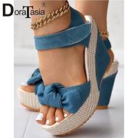 ยี่ห้อใหม่สุภาพสตรีแพลตฟอร์ม Denim รองเท้าแตะแฟชั่นโบว์ผสมสี Wedges รองเท้าส้นสูงรองเท้าแตะผู้หญิง Casual Party รองเท้าผู้หญิง ~