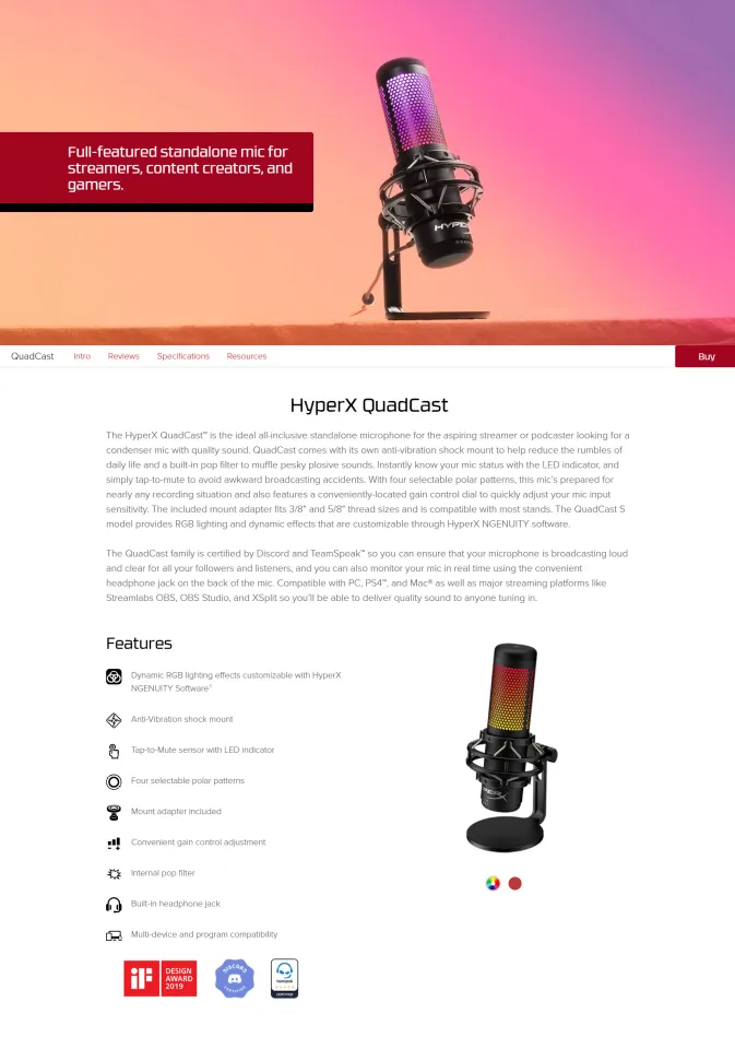 HyperX Quadcast S USB C RGB Condenser Gaming & Streaming