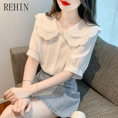 REHIN เสื้อเชิ้ตแขนสั้นสีขาวสำหรับฤดูร้อนเสื้อสตรีชีฟองคอปกขนาดใหญ่สไตล์ฝรั่งเศสดีไซน์ใหม่