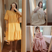 【COD】Summer new loose square collar covering belly slimming puff sleeve dress