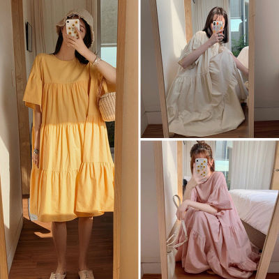 【COD】Summer new loose square collar covering belly slimming puff sleeve dress