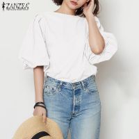 ZANZEA Women Korean Style Summer Puff Sleeve Solid Color Cotton Blouse