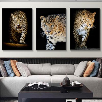 โมเดิร์นเสือดาวผ้าใบทาสี Wall Art สีดำและสีขาวภาพสัตว์สำหรับห้องนั่งเล่นตกแต่งบ้าน-คุณภาพสูง0824
