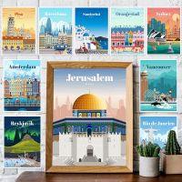 World Travel โปสเตอร์ลอนดอนซิดนีย์ฟลอเรนซ์ซานโตรินีบาหลีไคโรเยรูซาเล็ม Wall Art ภาพผ้าใบพิมพ์ Room Home Decor ภาพวาด New