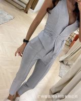 【DT】hot！ Plain Blazer   Pants Set Sleeveless Top Color Waist 2pcs