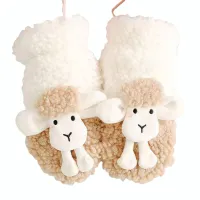 Winter Knit Mittens with String Cartoon Sheep Plush Thick Warm Mittens for Girls Women