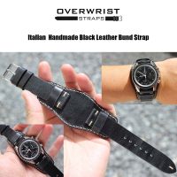 สายนาฬิกา สายหนังวัวแท้ overwrist italian handmade black leather bund strap