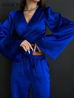 Solid Satin Shirt Two Piece Women Set V-Neck Flared Long Sleeve Lace-Up Top High Waist Pant Female Sets Fashion Casual Lady Suit