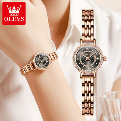 OLEVS แฟชั่นนาฬิกาลำลองผู้หญิงกันน้ำสแตนเลส Original นาฬิกาควอตซ์ง่ายเพชรแป้นเลขโรมันทองคำสีกุหลาบ