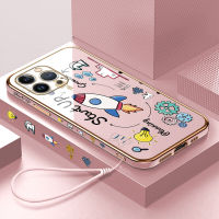 Volans เคสสำหรับ Apple iPhone 15 Plus 15 Pro 15 Pro Max ฟรีสายคล้องลายการ์ตูนจรวดเริ่มขึ้นขอบสี่เหลี่ยมเคสโทรศัพท์ชุบหรูหราชุบนุ่มเคสโทรศัพท์