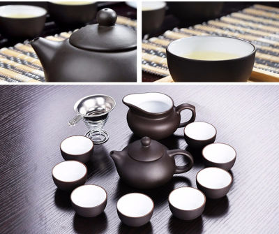 11pcs Kung Fu Tea Set Outside black inside white Zisha,Yixing Teapot Handmade Purple Clay Tea Pot Cup Set ,Ceramic Chinese Gift