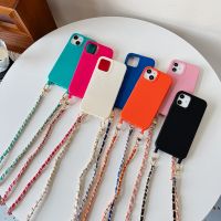 Casing Silikon Cair Kabel Rantai Kulit Logam Tali Selempang untuk iPhone 14 13 12 11 Pro Max XS XR X 8 7 Plus SE3 Sampul Lembut