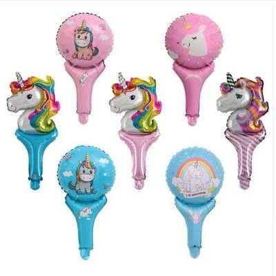 1 pcs cute unicorn pink blue handle rainbow hand stick balloons kids toys