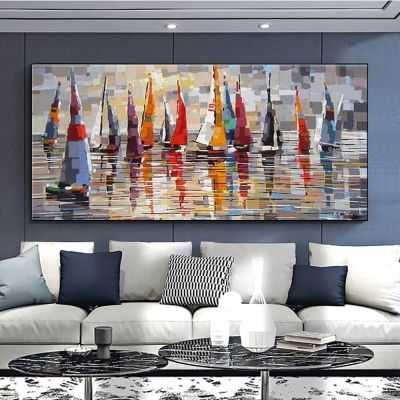 ภาพวาดสีน้ำมันรูปเรือแล่นเรือใบนามธรรมในศิลปะบนผนังขนาดใหญ่บนผ้าใบงานศิลปะพื้นผิวสีทอง0717