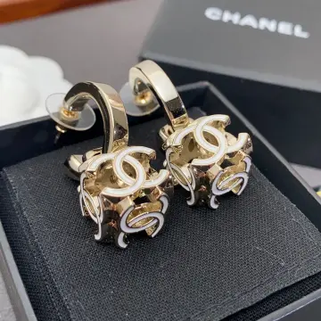 Chanel Gold Camellia Flower CC Opal Crystal Dangle Piercing Earrings - 2  Pieces