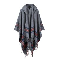 【CW】 New Fashion Women Winter Shawl Wraps Thick Warm Blanket Scarf Oversize Hooded Black Ponchos And Capes Striped Tassel Echarpe