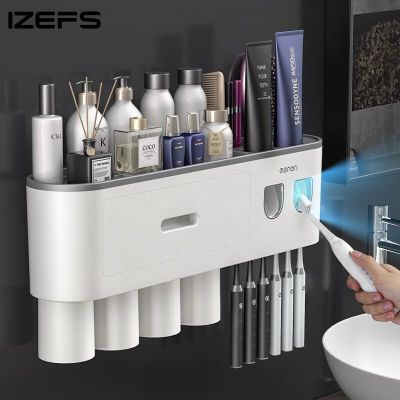 IZEFS ที่ใส่แปรงสีฟันในบ้านอเนกประสงค์ที่ใส่ยาสีฟันติดผนังอุปกรณ์ในห้องน้ำกันน้ำ