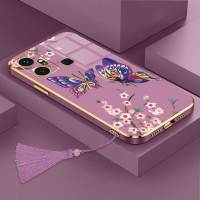 เคสสำหรับ Infinix Smart 6 PLus เคสโทรศัพท์ลายผีเสื้อสุดหรูพร้อมกล้องรูปดอกไม้เคสขอบชุบเคสซิลิโคนแบบนิ่มพร้อมฟรีสายคล้อง