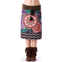 กระโปรงใส่เล่น กระโปรงผ้ายืด กระโปรงพิมพ์ลาย กระโปรงคลุมเข่า (สีดำ) Knee Length Cotton Patchwork Boho Skirt