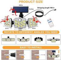 122-220 LED พลังงานแสงอาทิตย์ไฟ3หัวปรับ270มุมกว้าง Motion Sensor ไฟการควบคุมระยะไกลโคมไฟติดผนังตกแต่งสวน