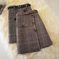 Breasted belt a-line woolen short skirt autumn and winter new style plaid skirt large size was thin irregular woolen skirt