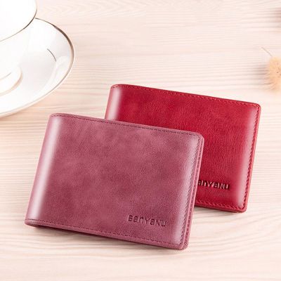 ZZOOI Women Wallet Genuine Leather Small Purse Men Cowhide Fashion ID Card Holder Red Wallet Luxury Short Small Coin Purse for Women