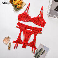 Aduloty New womens lace mesh stitching underwear set underwire bra garter belt thong thin section see-through lingerie